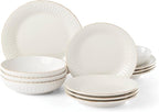 Lenox 891196 French Perle Groove White 12-Piece Pasta Bowl Dinnerware Set, Service For 4