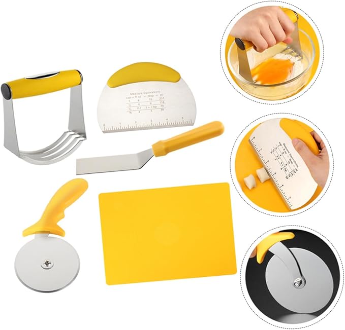 Zerodeko 5pcs Stainless Steel Pizza Cutter and Silicone Dough Kneading Mat Set with Measurement for Baking and Kitchen Cooking Tools