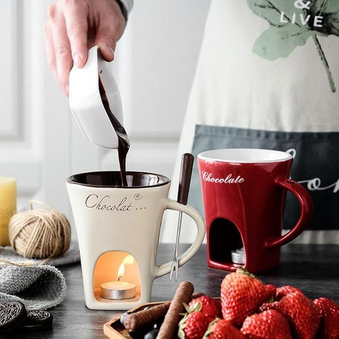 Chocolate Melting Mug With Candle, Ceramic Fondue Mug Meltie Cup, Melting Love Cup, Ideal Gifts For Christmas, Birthday, Wedding (Brown+Red)
