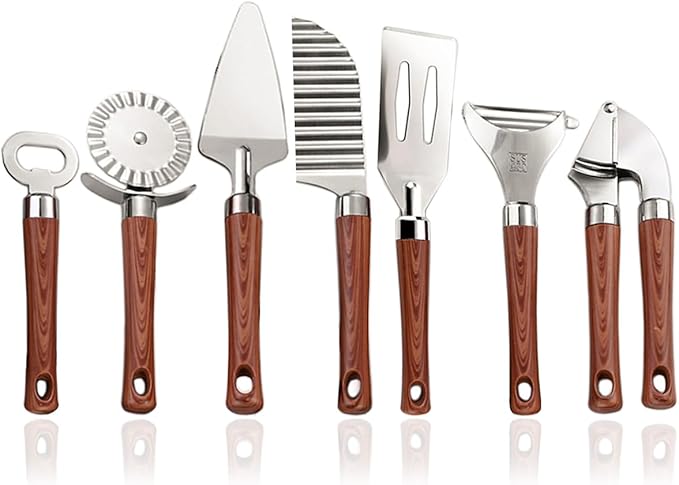 7-Piece Kitchen Tools and Gadgets Set with Wood Imitation Handle BRIIEC Stainless Steel Cooking Utensils Kitchen Accessories Includes Can Opener Garlic Press Peeler