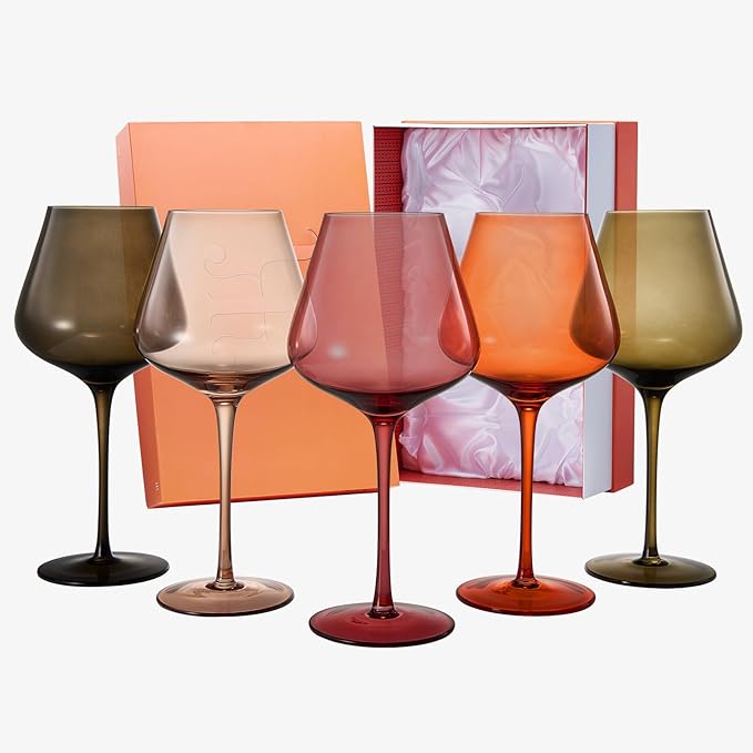 Khen Colored Crystal Wine Glass Set of 5, Large 20 OZ Glasses, Summer Flower Bright Italian Style Tall Stemmed Drinkware for Red & White Wine, Water Dinner Glasses, Color Glassware - (Stemmed)