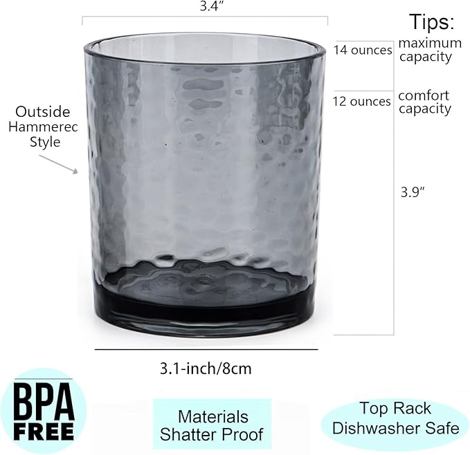 KX-WARE 14-ounce and 20-ounce Acrylic Glasses Plastic Tumbler, set of 8 Smoky Grey - Hammered Style, Dishwasher Safe, BPA Free