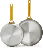 GreenPan Stainless Steel Tri-Ply Reserve 10” and 12” Frying Pan Skillet Set, Multiclad Cookware, Induction, Oven & Broiler Safe to 600°F, Heat Responsive Core, Dishwasher Safe, Gold Handles