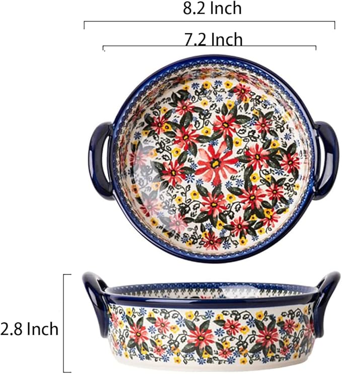 Red Daisy Flower Vintage Style Ceramic Bakeware Casserole Dish Baking Pan Lasagna Pans Baking Dish with Handles for Oven/Cooking/Kitchen-1 PCS, 32 OZ