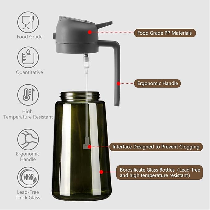 SWEET VIEW Olive Oil Dispenser and Oil Sprayer – 16oz/470ml Glass Light-Proof Oil Pourer for Kitchen, Air Fryer, Cooking, Salad, and BBQ