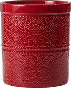 FUN ELEMENTS Kitchen Utensil Holder, 7.2" Super Large Utensil Crock Heavy and Stable Lace Emboss Ceramic Utensil Holder for Kitchen Counter (Christmas Red)