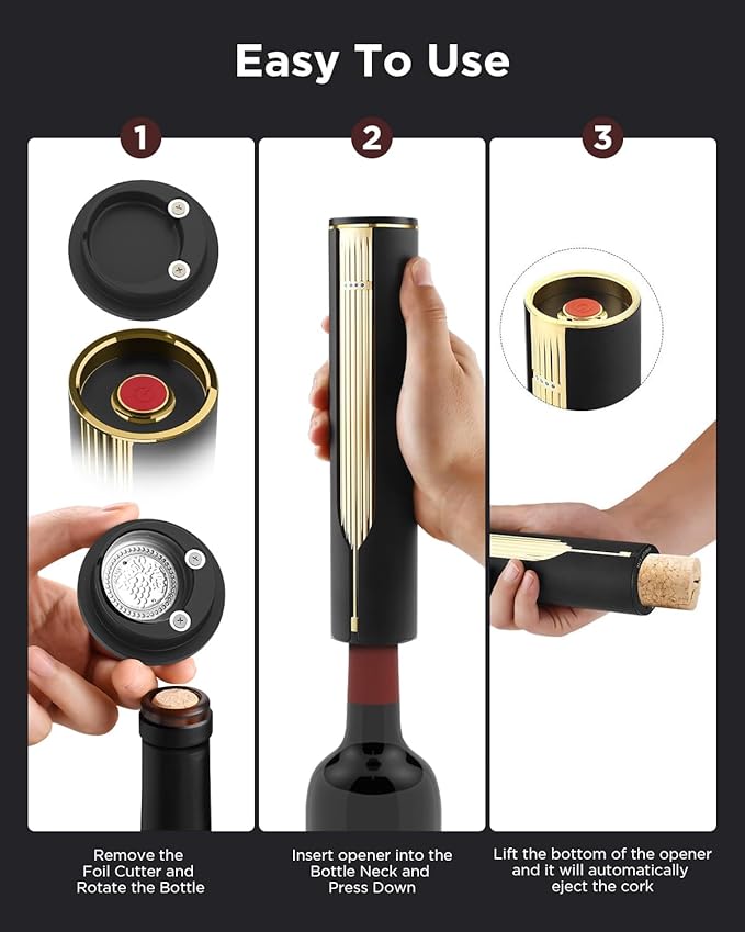 Rechargeable Electric Wine Opener with Charging Base & Foil Cutter, Automatic Corkscrew for 60 Bottles, Luxury Christmas White Elephant Gift for Wine Lovers Women Men - Gold & Black
