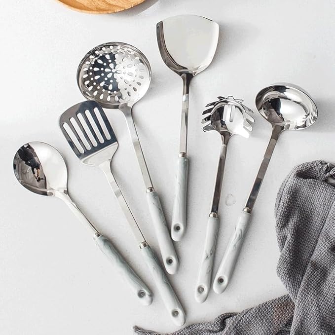 Ceramic Handles Cooking Tool Set Steel Kitchen Utensils Of Cookers Shovels Spoons Strainer(Black)
