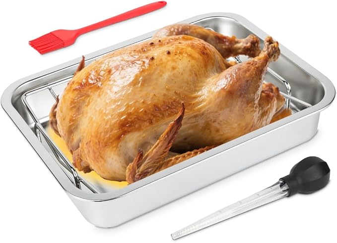 Stainless Steel Turkey Roaster Roasting V Rack with Pan,15.6 * 11.6 * 2.8 inch Roasting Pan for Smoker Smoking and Grilling/for Large Big Green Egg and Kamado Joe Etc