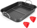 Nonstick Roasting Pan with Rack, 14.5x11.4’’ Baking Pan for Oven with Rack & Silicon Hand Clip, Heavy Duty Dishwasher Safe Rectangular Lasagna Pan with Handle for Turkey Chicken, Dark Grey