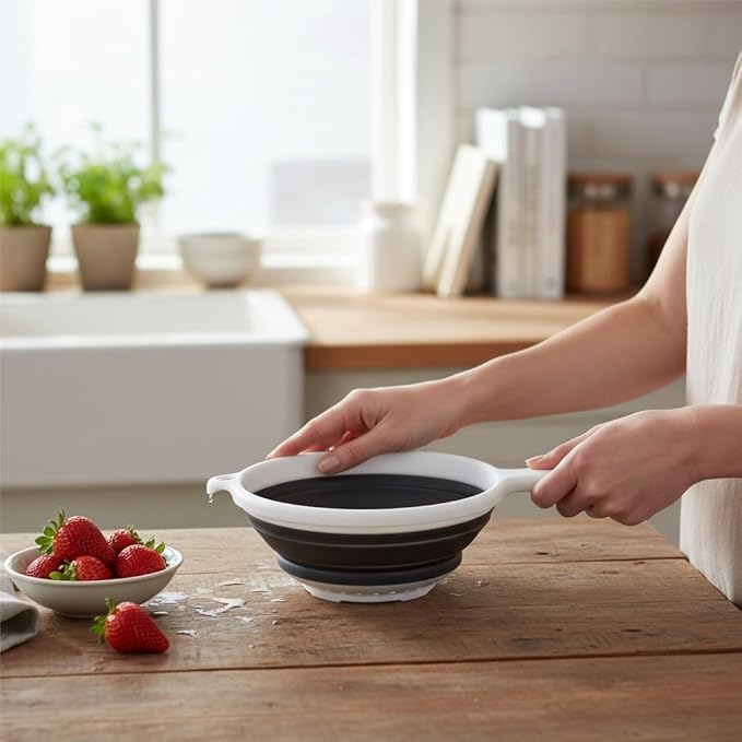 Handy Housewares 8" Round Space Saving Collapsible Silicone Kitchen Colander Food Strainer with Handle - White (2 Pack)