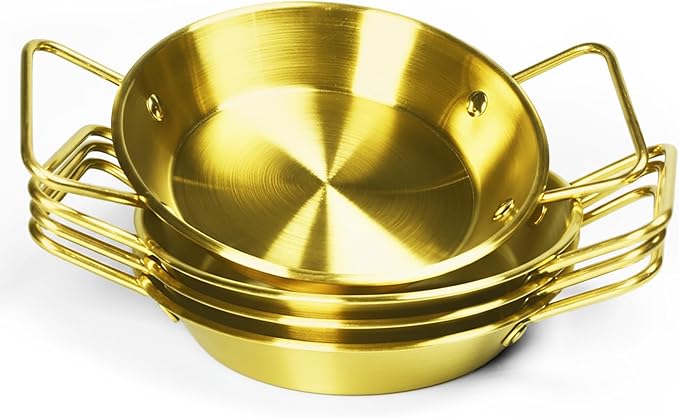 Pie pans Quirche Dishes Stainless Steel Set of 4, Specialty Gratins Pots and Pans Cookware, Au Gratin Baking Dish with Handles, 27 Oz, for Oven Roasting, Individual portion, Gold 8.3 Inch