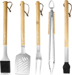 5 pcs Heavy-Duty Wooden BBQ Grilling Tools Set, Extra Thick Stainless Steel Multi-Functional Spatula, Fork, Tong, Oiling Brush & Cleaning Brush - an Excellent Barbecue Gift for Men