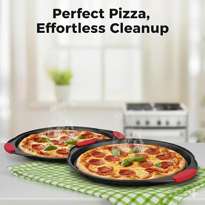 NutriChef 2-Piece 13-Inch Nonstick Pizza Tray, Round Carbon Steel Non-Stick Pizza Pan with Perforated Holes, Premium Bakeware Pizza Screen with Silicone Grip Handles, Dishwasher Safe, NCBPIZX2