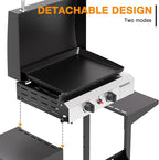 2 Burner BBQ Gas Griddle with Hood, 17.3 Inch Stainless Steel Portable Detachable Propane Griddle, 30,000 BTU Flat Top Barbecue Grill with Side Shelves for Camping