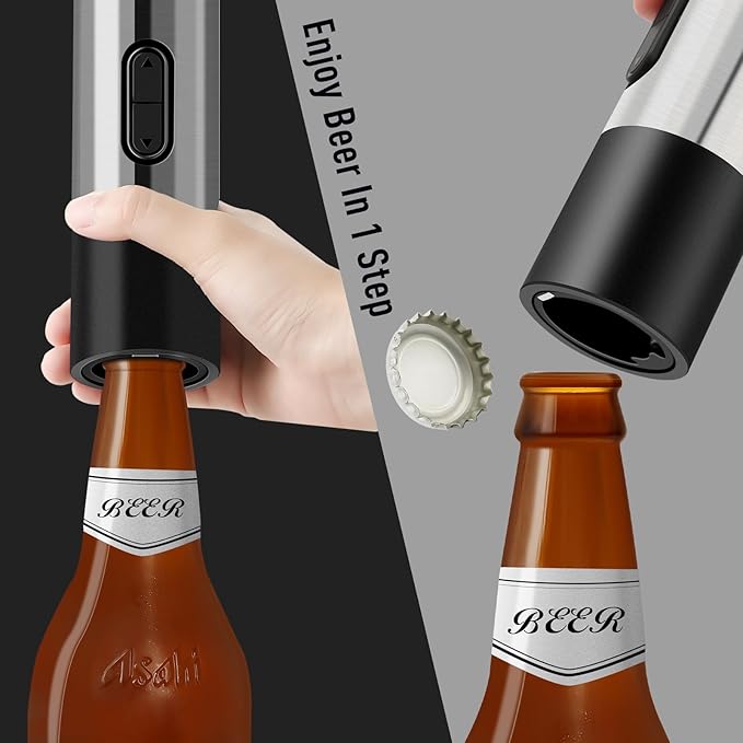 Electric Wine Bottle Opener and Beer Opener 2-in-1, Rechargeable Automatic Corkscrew with Foil Cutter, One-click Wine Opener Electric for Home Kitchen Party Wedding