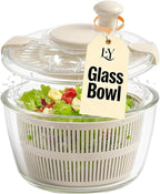 Large 5.2 Qt Glass Salad Spinner Vegetable Dryer with Drain Microwave Safe Dishwasher Safe with Transparent Lid Crank Handle Quick Spin Greens Washer for Lettuce Herbs Fruits (off-white)