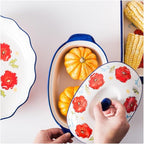 Floral Ceramic Casserole Dish with Lid – 40oz Oval Baking Dish, Oven-Safe Stoneware for Lasagna, Roasting, Serving – Elegant Floral Design, Microwave & Dishwasher Safe – Perfect for 1-2 Person