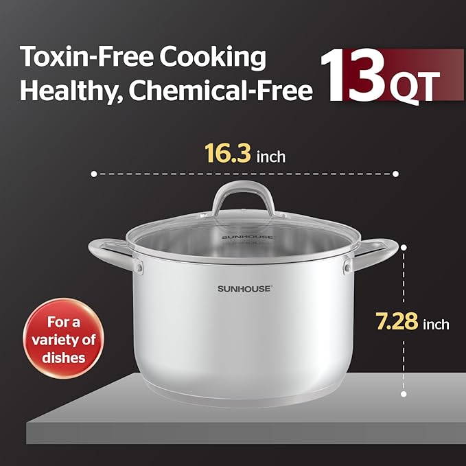SUNHOUSE Stainless Steel Stock Pot - 13 Quart Heavy-Duty Induction Cooking Pot with Visible Lid for Pasta, Soup, Spaghetti - Nonstick Thick-Bottom Deep Stockpot for Canning, Boiling, and Simmering