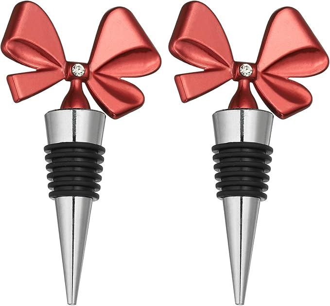 uxcell 2 Pcs Bow Wine Stopper, Reusable Wine Stoppers Airtight Leak-proof Bottle Plugs Liquor Saver Beer Beverage Glass Bottles Stopper for Bar Holiday Party Home Decor, Silver-Red
