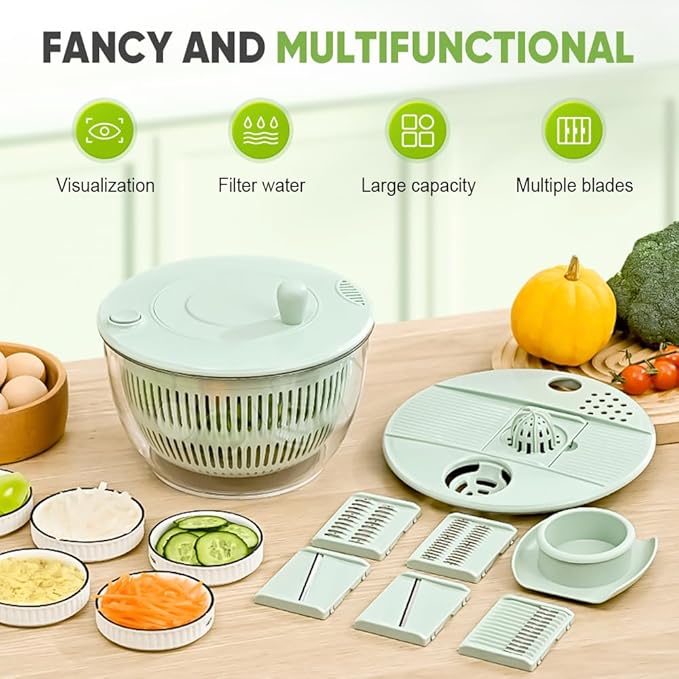 Salad Spinner with Slicer, Multifunctional Vegetable Spinner and Chopper, Large Capacity Salad Preparation Tool, Multi-blade Efficient Vegetable Washer for Home Kitchen (Green)