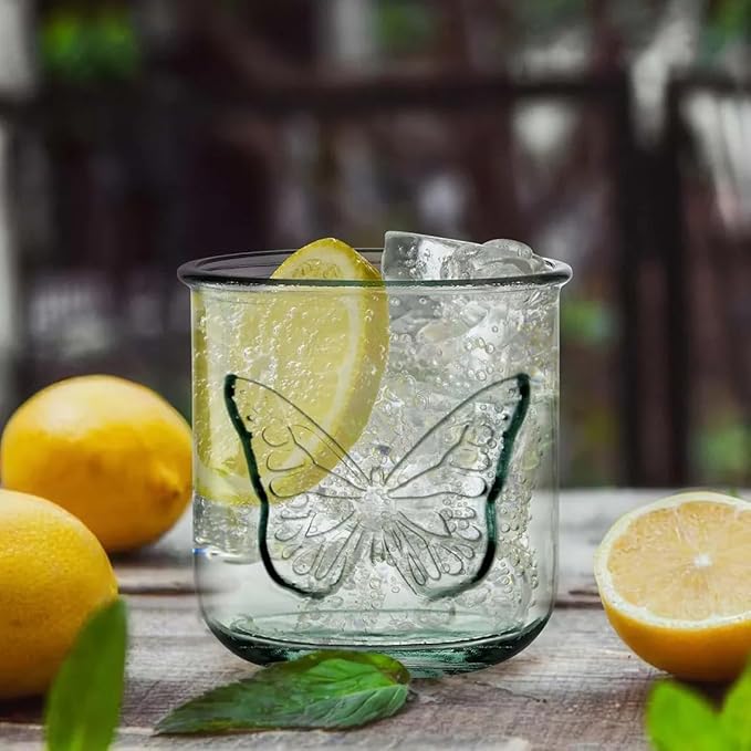 COURONNE CO. Clear Recycled Drinking Glass Tumbler, Perfect for Cocktails, Refreshments & Everyday Use, Restaurant Grade, Crafted without lead-based materials (10.1 Oz, Butterfly), Pack of 6