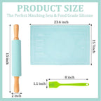 3Pcs Silicone Rolling Pin for Baking Sets,15Inch Pastry Dough Roller with Wooden Handle Silicone Mat and Brush, Non Stick Surface Rolling Pins for Dough Cookie Baking Kitchen Accessories(Green)
