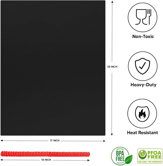 Oven Liners for Bottom of Oven Black (4-pack) Bundled with Range Rack Shield (4-pack) - Large Mat for Bottom of Range (17"x 25") and 14" Red Stove Guards for Racks - Reusable & Heat Resistant