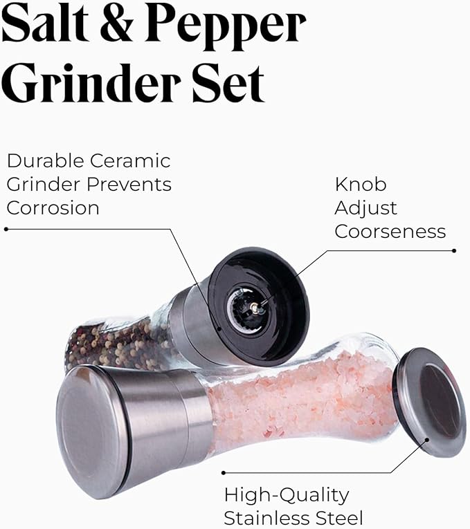 Willow & Everett Salt & Pepper Grinder Set with Stand - Stainless Steel Manual Mills & Holder with Adjustable Coarseness, Refillable Design for Peppercorns & Rock Salt Sold Separately