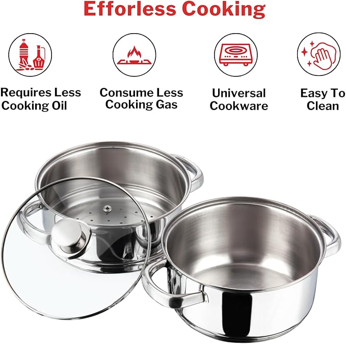 Vinod Stainless Steel 2-Tier Steamer with Glass Lid and Riveted Handles Ideal for Momo, Modak and More Induction and Gas Compatible 7.8 in 2-Year Silver
