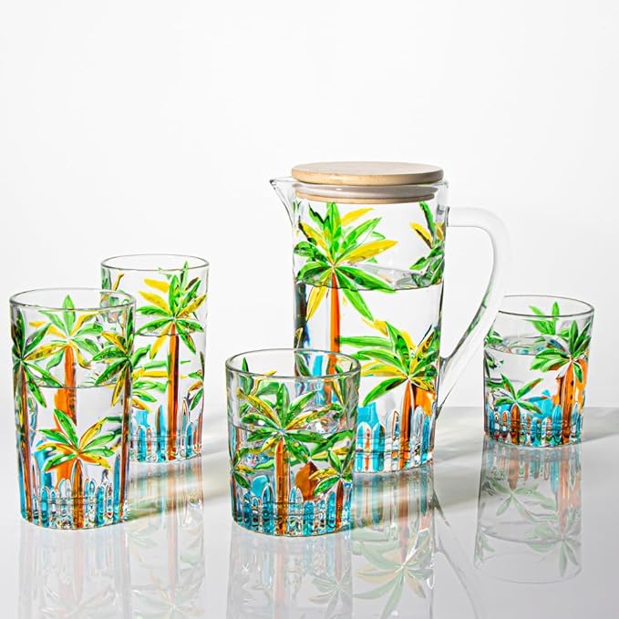 Tropical Summer Glass Jug Caribbean Mix Rum Punch Coconut Tree Pool Party Colorful Design Tiki Bar Engraved Jugs To Pour Into Drinking Glasses Margarita Mojito Martini Whiskey Sour Beach Water Palm
