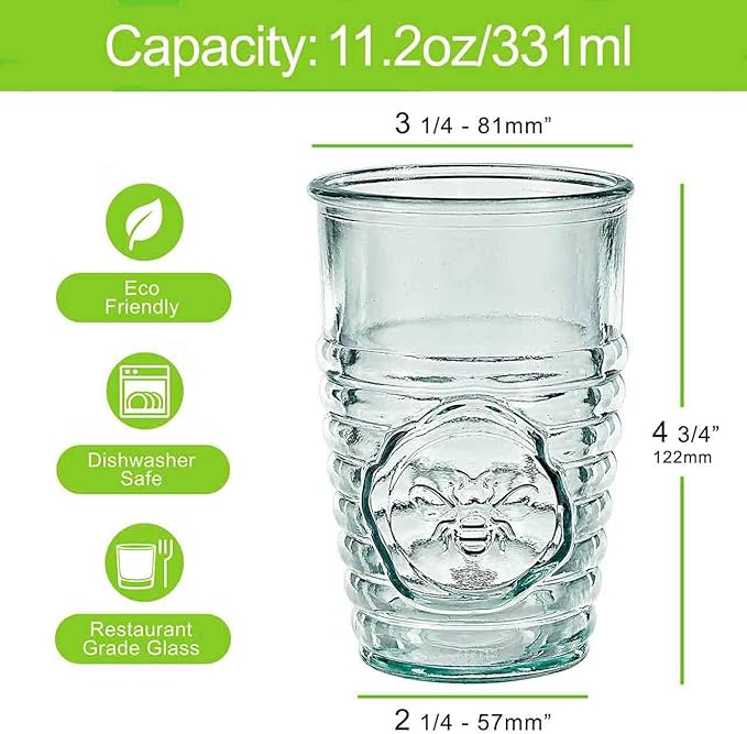 COURONNE CO. Clear Recycled Drinking Glass Tumbler, Perfect for Cocktails, Refreshments & Everyday Use, Restaurant Grade, Crafted without lead-based materials (11.2 Oz, Bee), Pack of 6