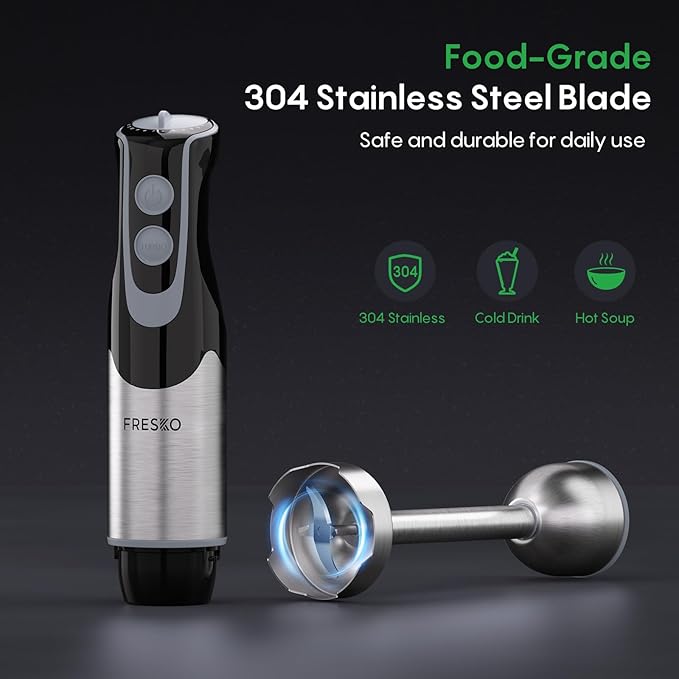 FRESKO Immersion Handheld Blender 500W with 700ml Beaker, 12-Speed & Turbo Mode Hand Blender Stick, 304 Stainless Steel Blades for Soup, Smoothie, Puree, Baby Food