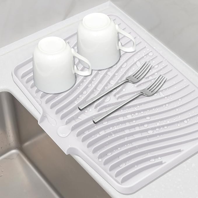 TIKNIK Silicone Dish Drying Mat, Stone Drying Mat for Kitchen Counter with Built-In Drain, Non-Slip Drain Pad with Built-in Drain, Heat Resistant Stone Drying Mat, Hangable, White-1pcs, 16" x 12"