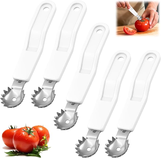 5 Pcs Tomato Corer Tool Strawberry Huller Stem Remover, Handle with hole, Stainless Steel, Fruit Corer Tool for Tomato Strawberry (White)