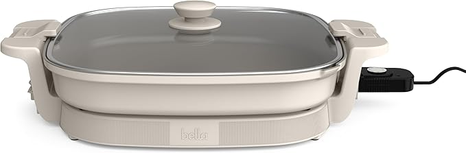 bella Make & Take XL Electric Skillet, Fits-anywhere™ kitchenware, EverGood™ Ceramic Coating, Adjustable Temperature & Dishwasher-Safe Tempered Glass Lid, Cast Aluminum Base, 1200 Watt, Oatmilk