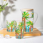 Tropical Summer Drinking Glasses 4 Short Coconut Tree Pool Party Caribbean Beach Theme Design Colorful Tiki Bar Margarita Mix Drink Mojito Martini Pool Party Cup Palm Trees Engraved Whiskey Sour Glass