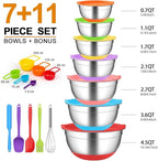 CHAREADA Mixing Bowls with Airtight Lids, 18pcs Stainless Steel Nesting Mixing Bowls Set Non-slip Silicone Bottom, Size 4.5, 3.6, 2.7, 2.1, 1.7, 1.1, 0.7 qt, Fit for Mixing & Serving(Colorful)