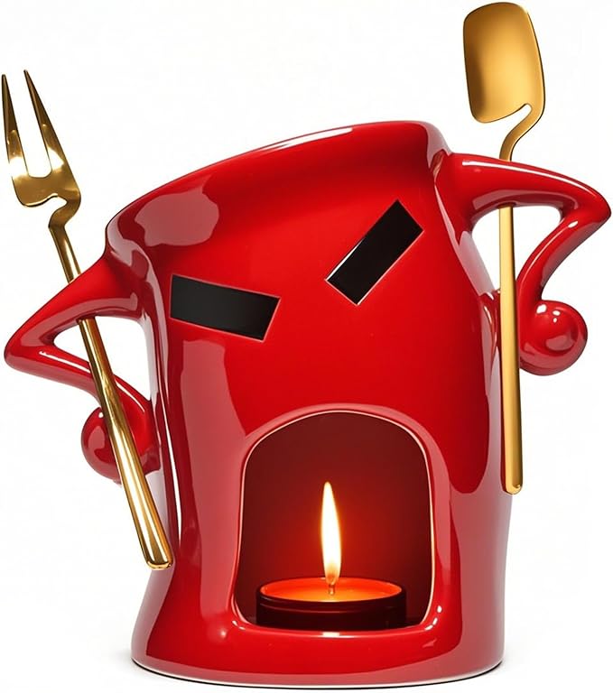 Mini Ceramic Fondue Set: Chocolate Fondue Melting Cup, Cheese Fondue Pot, Candy Mini Fondue Cups with 1 Fork & 1 Scoop - Food-Safe Gift for Parties, Gifts, Cozy Nights (Red, 5.5 inches)