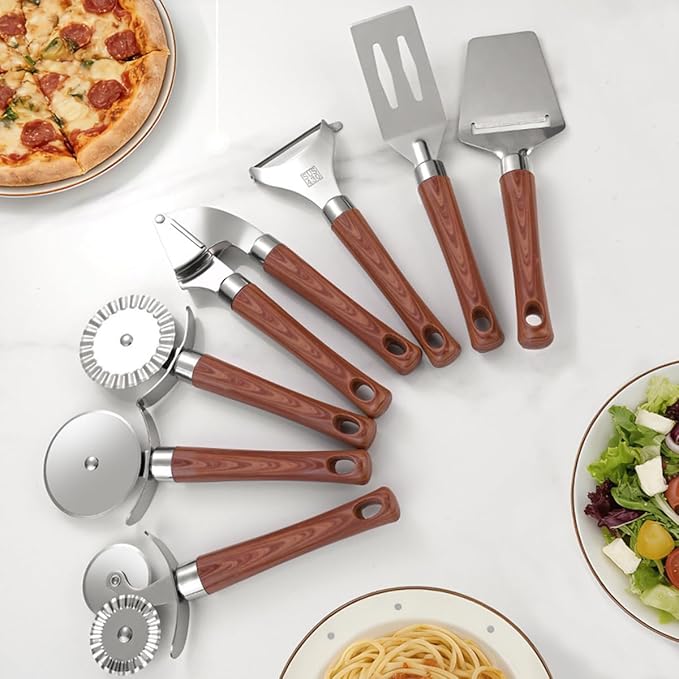7-Piece Kitchen Tools and Gadgets Set with Wood Imitation Handle BRIIEC Stainless Steel Cooking Utensils Kitchen Accessories Includes Can Opener Garlic Press Peeler