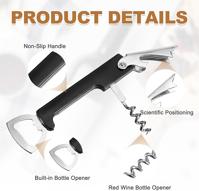 uxcell 2 Pcs Wine Opener, Bottle Opener, Durable Stainless Steel Waiter's Corkscrew, Compact All-In-One Home Bar Tool for Bar, Party, Wedding, Home, Travel, Black