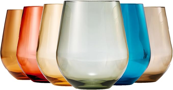Khen European Style Shatterproof Tritan Stemless Wine Glasses, Acrylic Glass Drinkware, Unbreakable Colored, 6 - Set - BPA-free plastic, Reusable, Dishwasher Safe, All Purpose Glassware 15oz - (Muted)