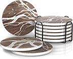 UMIRRO Ceramic Coasters for Wooden Table, Absorbent Drink Coasters with Holder for Tabletop Protection, Rustic Country Farmhouse Coasters w/Brown Wood Texture for Cups & Glasses, Coffee Bar Accessory