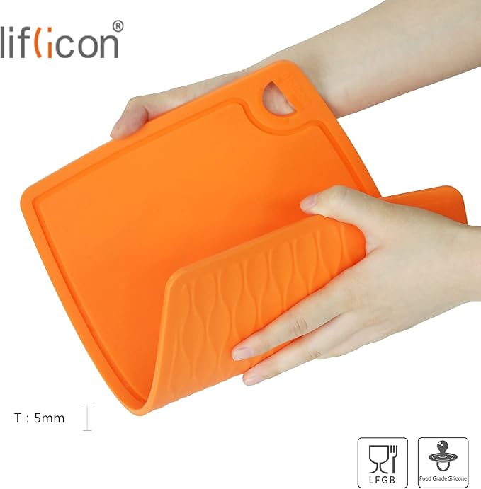 Liflicon Extra Large Thick Silicone Cutting Boards for Kitchen 14.6'' x 10.43'' Flexible Cutting Chopping Boards/Mats Non-slip Deep Drip Juice Groove, Dishwasher Safe-Orange