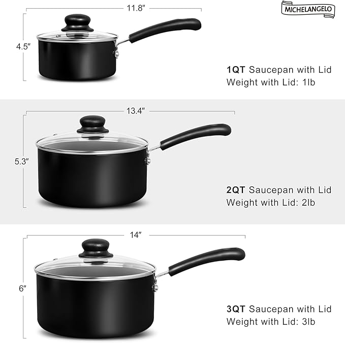 MICHELANGELO Nonstick Saucepan with Lid, Ceramic Sauce Pan Sets, Easy to Clean Sauce Pans, Multi-Purpose Cooking Pots, 1QT & 2QT & 3QT, Silver