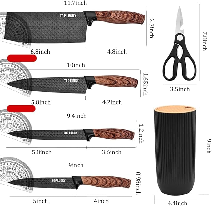 Knife Set, Wiztoynia 6-Piece Black Kitchen Knife Set for Home, Anti-Rust Non-stick Stainless Steel Sharp Chef Knife Set with Universal Knife Block for Kitchen, Ergonomical Design (Black)
