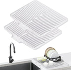 TIKNIK Silicone Dish Drying Mat, Stone Drying Mat for Kitchen Counter with Built-In Drain, Non-Slip Drain Pad with Built-in Drain, Heat Resistant Stone Drying Mat, Hangable, White-2pcs, 16" x 12"