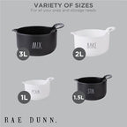 Rae Dunn Non-Slip Mixing Bowls - 4 Piece Nesting Plastic Mixing Bowl Set with Pour Spouts and Handles-Measurement Markings (Black)