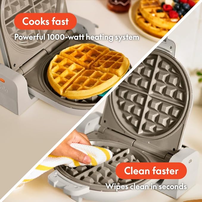 bella Flip-n-Store Waffle Maker with EverGood™ Ceramic Nonstick Coating, Fits-anywhere™ Kitchenware, Power Indicator Light, Cool Touch Handle & Cord Wrap, 7” Wide & 1" Deep Plates, 1000 Watt, Oatmilk