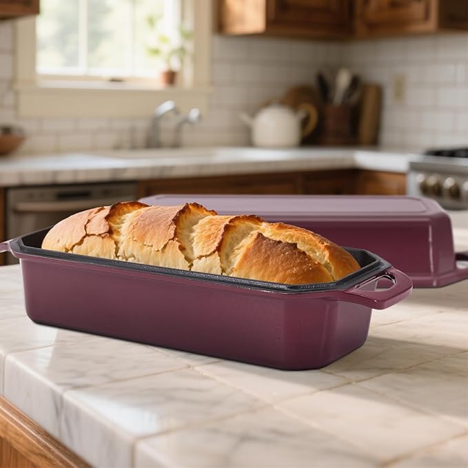 Flavehc Bread Pan Cast Iron Loaf Pan with Lid Bread Loaf Pan 13x5 Inch Enameled Cast Iron Sourdough Bread Pan,Magenta